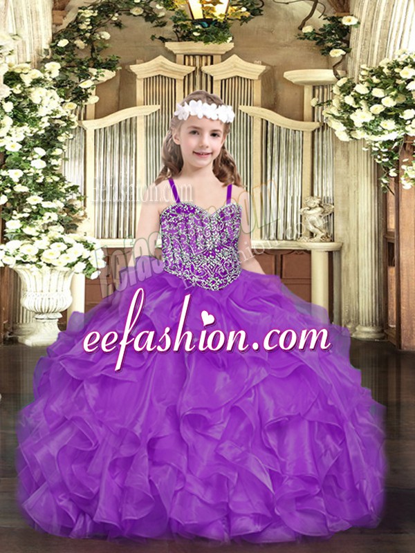 Top Selling Purple Straps Neckline Beading and Ruffles Custom Made Pageant Dress Sleeveless Lace Up