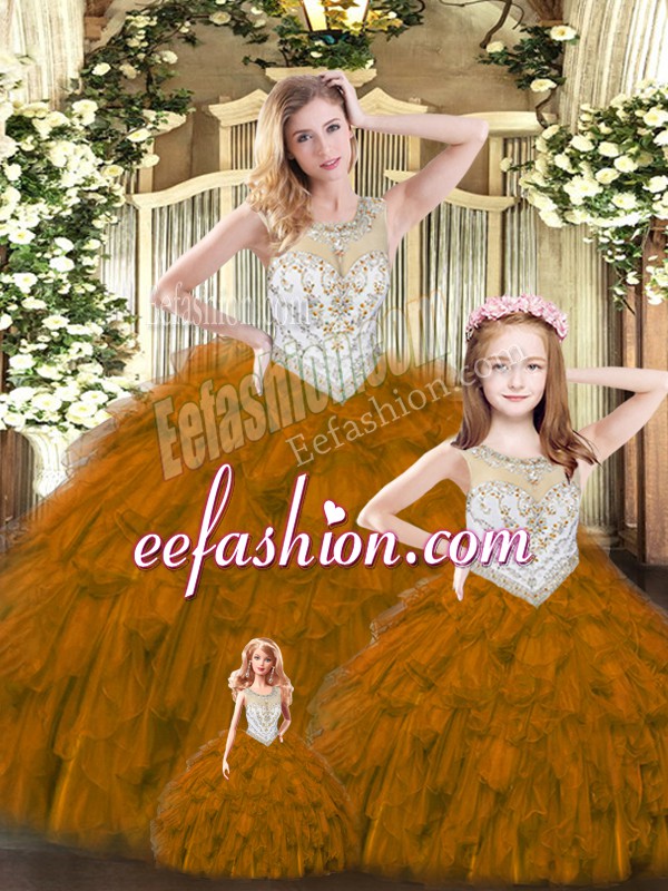 Custom Design Scoop Sleeveless Ball Gown Prom Dress Floor Length Beading and Ruffles Brown Tulle