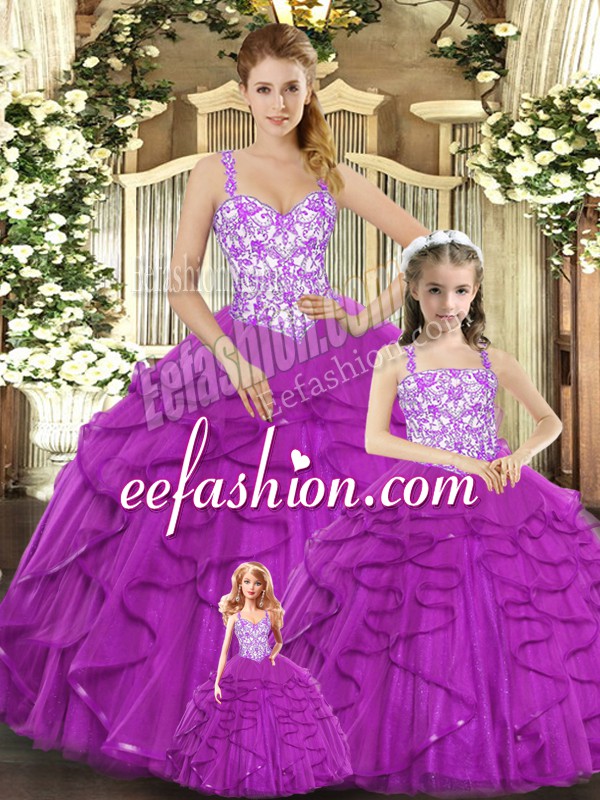 Fuchsia Straps Neckline Beading and Ruffles 15th Birthday Dress Sleeveless Lace Up