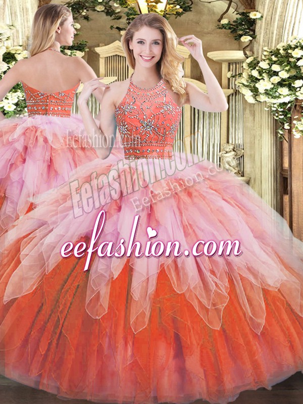  Floor Length Multi-color Sweet 16 Dresses Halter Top Sleeveless Zipper