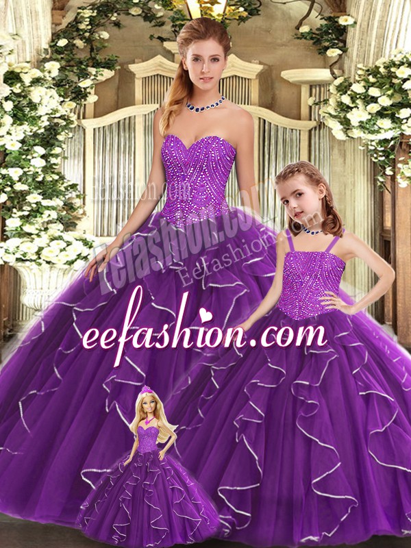  Purple Sleeveless Organza Lace Up Quinceanera Dress for Military Ball and Sweet 16 and Quinceanera