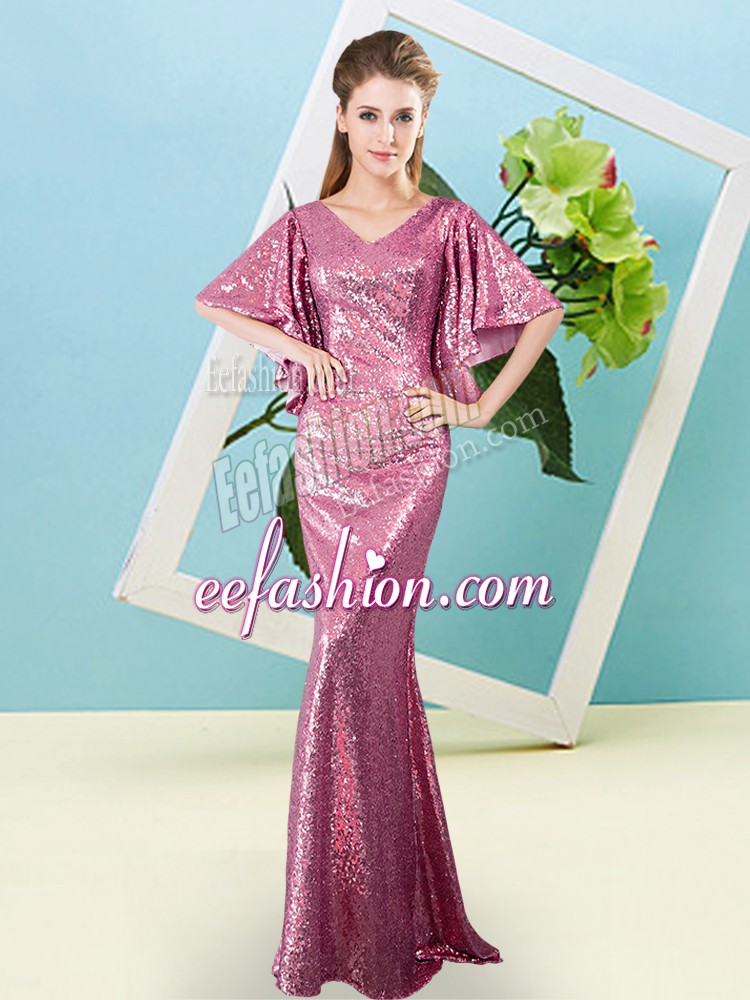 Fancy Half Sleeves Floor Length Sequins Zipper Prom Evening Gown with Pink 