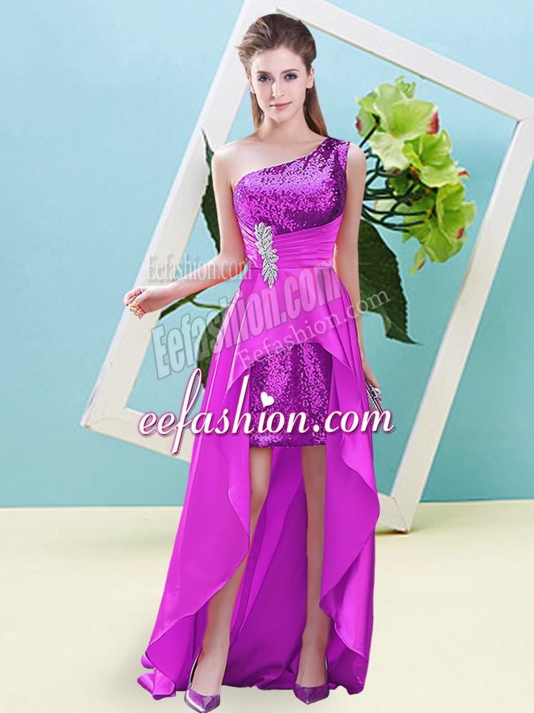 Glamorous Beading and Sequins Prom Party Dress Fuchsia Lace Up Sleeveless High Low