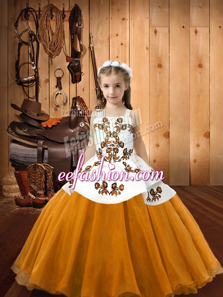 Modern Orange Organza Lace Up Little Girls Pageant Dress Wholesale Sleeveless Floor Length Embroidery