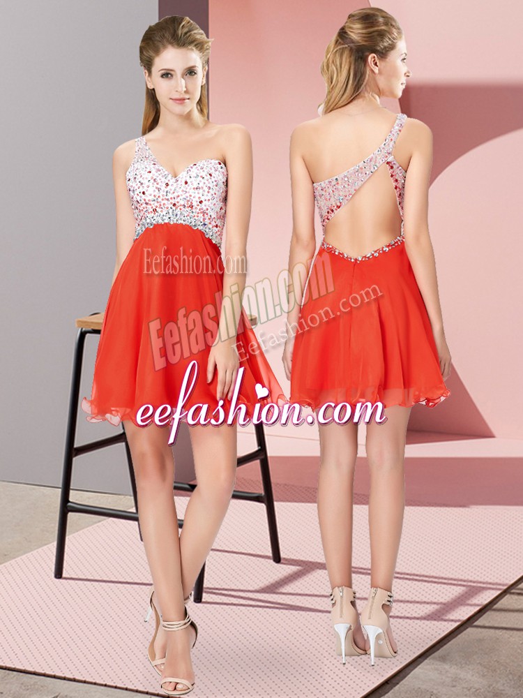 Affordable One Shoulder Sleeveless Chiffon Prom Party Dress Beading Criss Cross