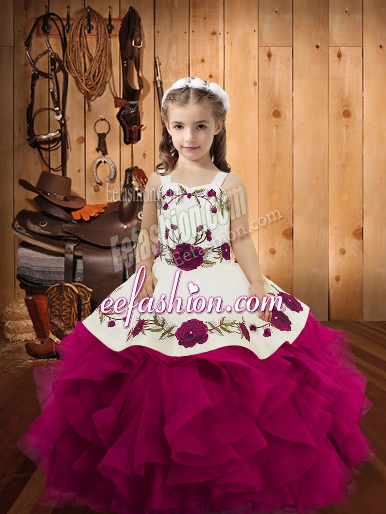 High End Fuchsia Sleeveless Tulle Lace Up Girls Pageant Dresses for Sweet 16 and Quinceanera