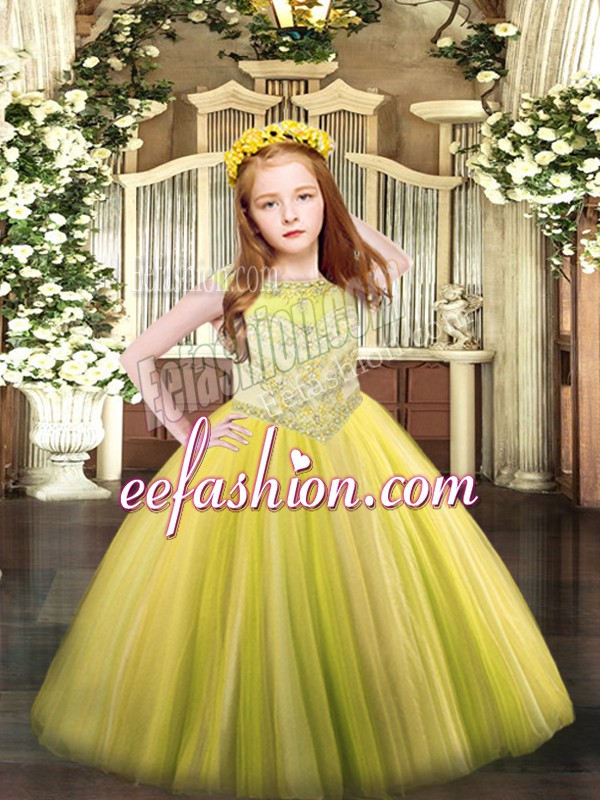  Sleeveless Zipper Floor Length Beading Little Girl Pageant Dress