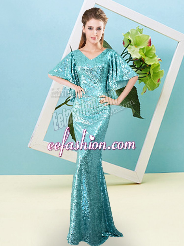 Sumptuous V-neck Half Sleeves Sequined Prom Party Dress Sequins Zipper