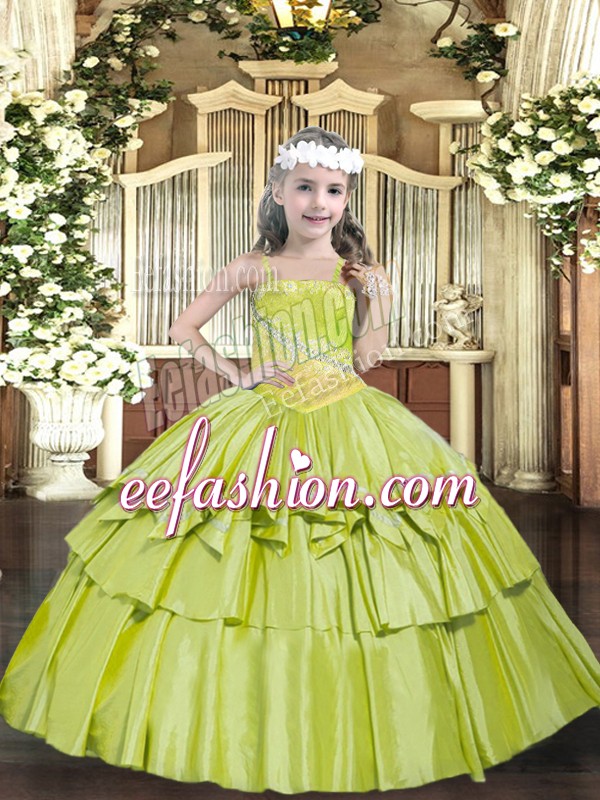 Perfect Yellow Green Ball Gowns Straps Sleeveless Organza Floor Length Lace Up Beading and Ruffled Layers Pageant Gowns For Girls