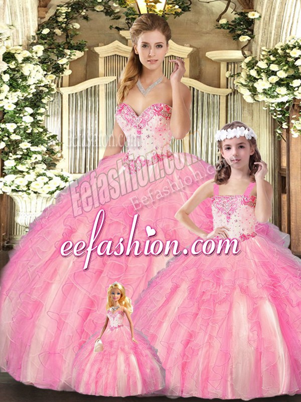  Ball Gowns Sweet 16 Quinceanera Dress Baby Pink Sweetheart Organza Sleeveless Floor Length Lace Up