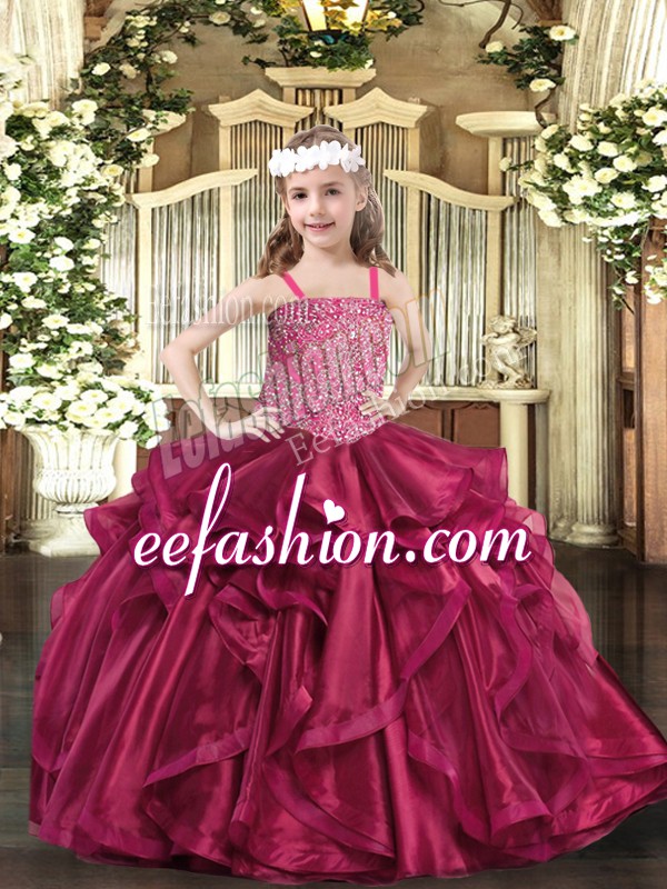  Fuchsia Ball Gowns Straps Sleeveless Organza Floor Length Lace Up Beading and Ruffles Pageant Dress Wholesale