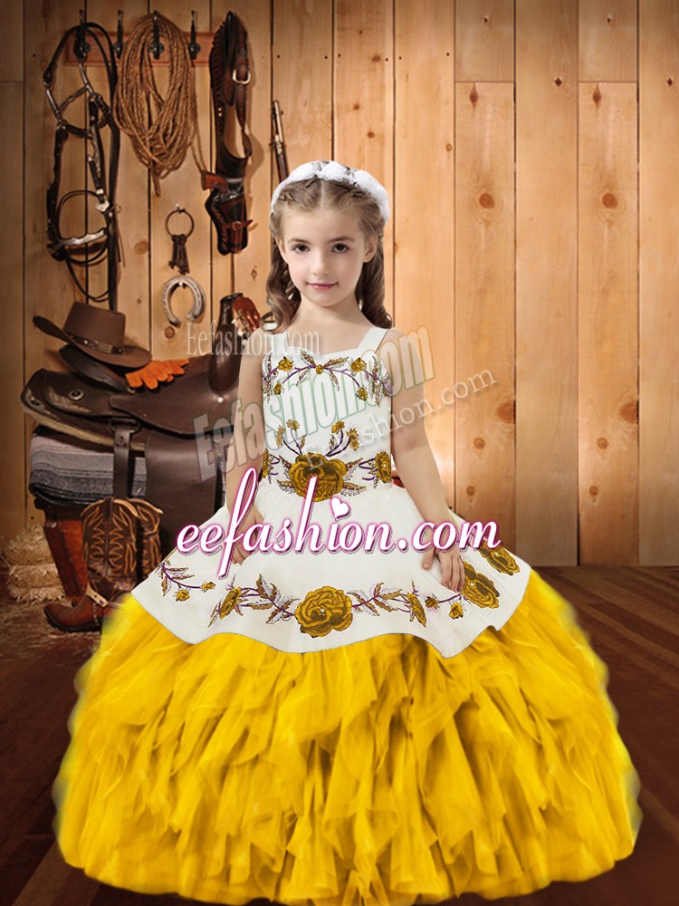  Gold Sleeveless Embroidery and Ruffles Floor Length Little Girls Pageant Dress Wholesale