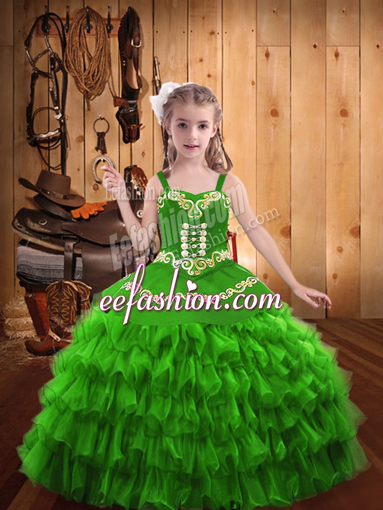  Lace Up Little Girls Pageant Gowns Embroidery and Ruffled Layers Sleeveless Floor Length