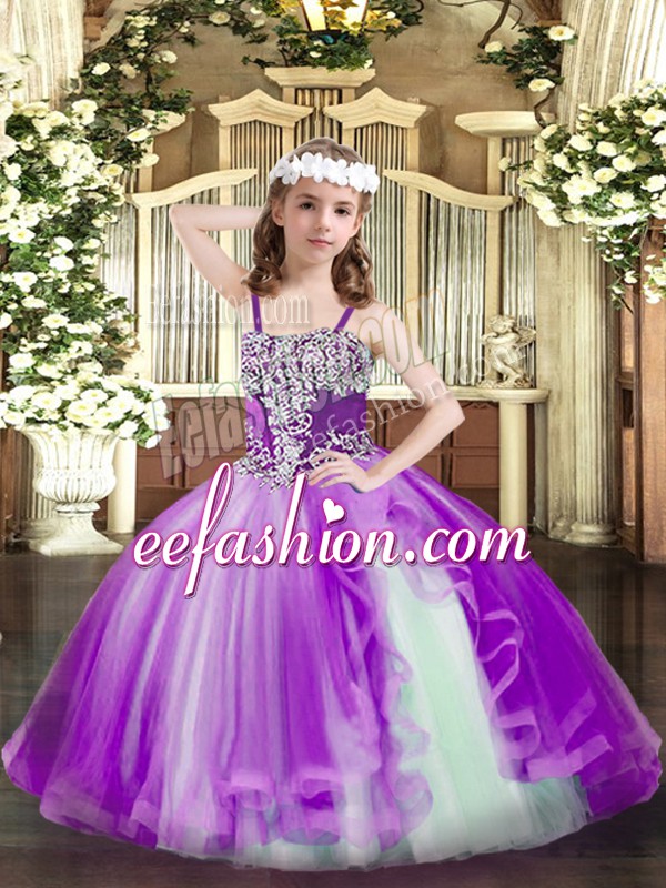  Purple Lace Up Straps Appliques Girls Pageant Dresses Tulle Sleeveless