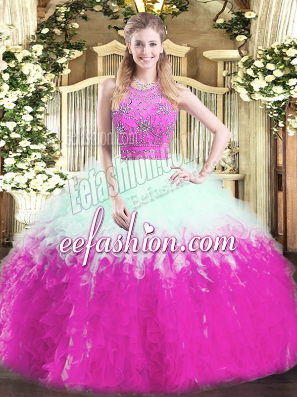 Luxury Multi-color Tulle Zipper Ball Gown Prom Dress Sleeveless Floor Length Beading and Ruffles