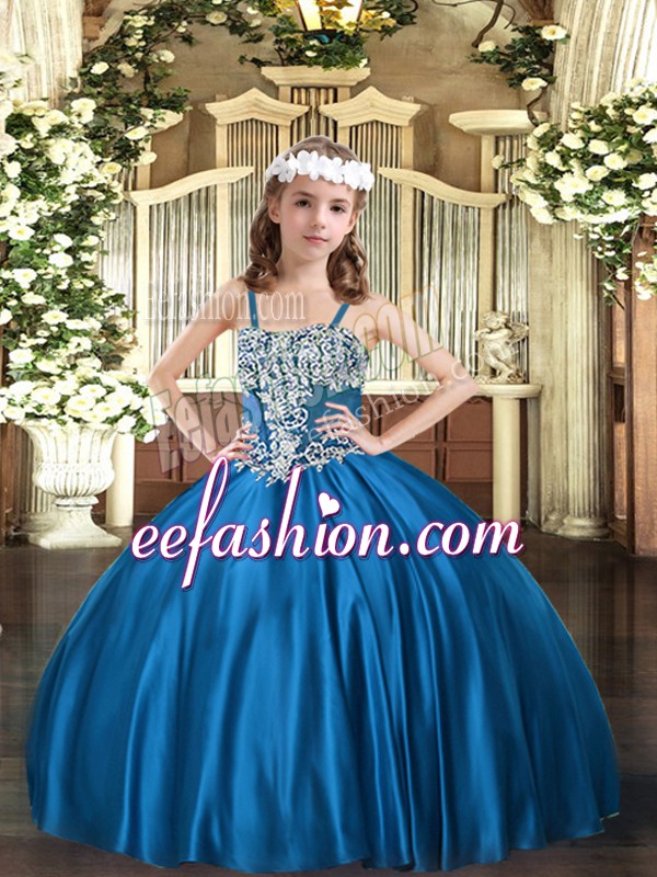 Fashion Blue Lace Up Pageant Dress Toddler Appliques Sleeveless Floor Length