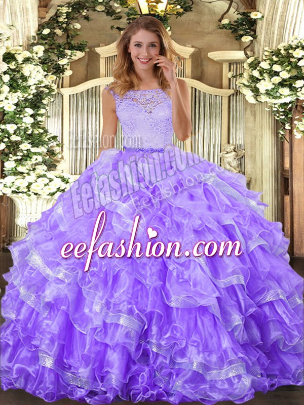 Extravagant Lace and Ruffled Layers Quince Ball Gowns Lavender Clasp Handle Sleeveless Floor Length