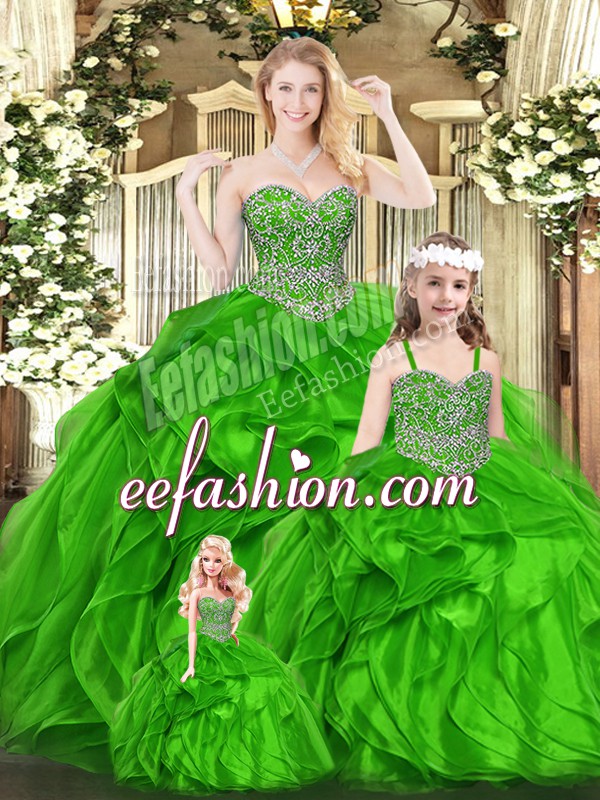 Sexy Sleeveless Floor Length Beading and Ruffles Lace Up Quinceanera Gowns with Green