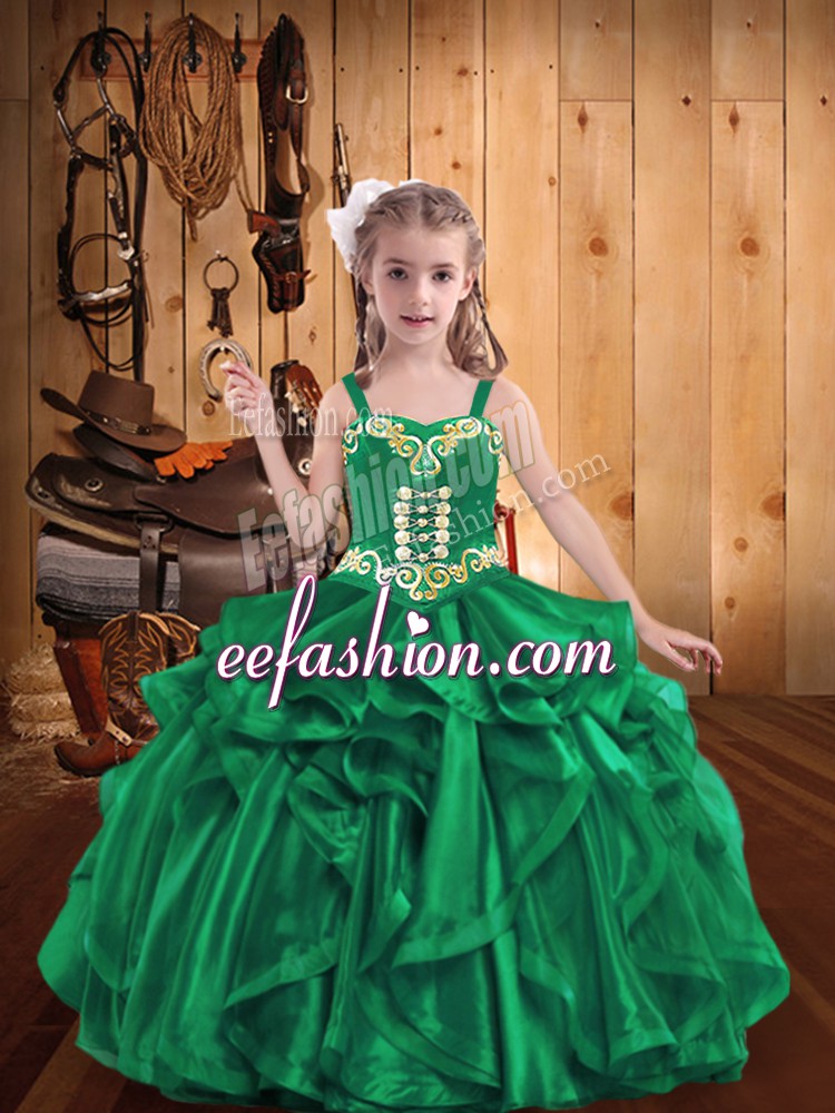 Excellent Turquoise Straps Neckline Beading and Embroidery and Ruffles Little Girls Pageant Dress Sleeveless Lace Up
