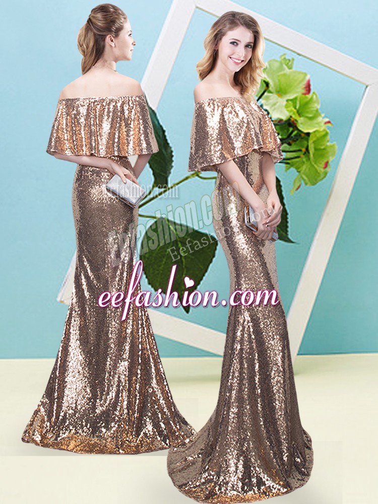  Gold Half Sleeves Floor Length Sequins Zipper Prom Evening Gown