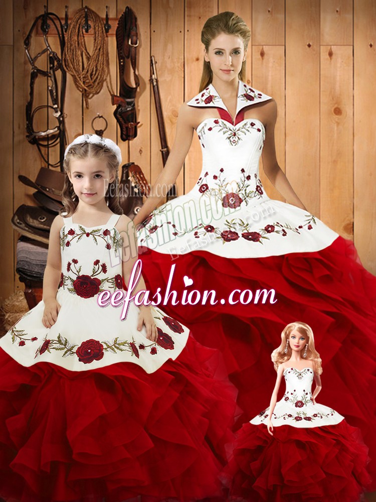  Floor Length Lace Up Sweet 16 Dresses Wine Red for Military Ball and Sweet 16 and Quinceanera with Embroidery and Ruffles