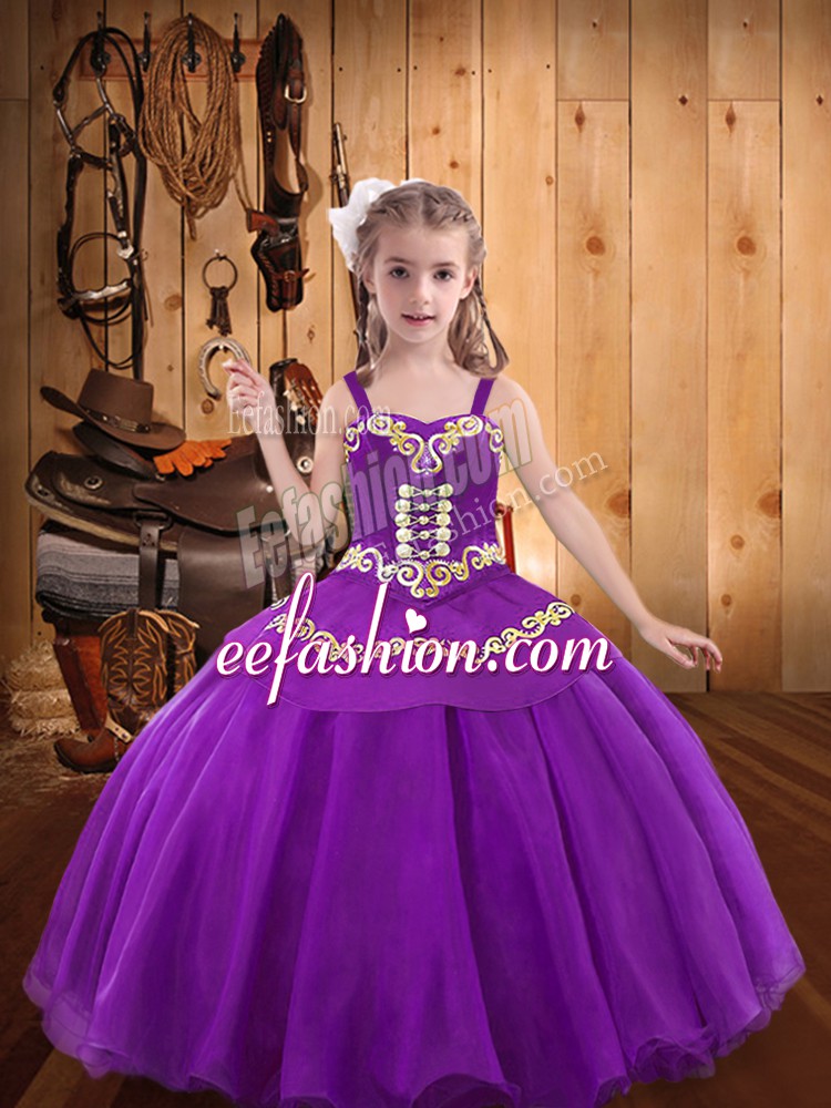 Latest Floor Length Lace Up Pageant Dress for Girls Eggplant Purple for Party and Sweet 16 and Quinceanera and Wedding Party with Ruffles