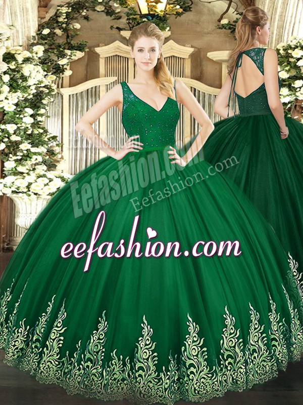  Floor Length Zipper Quinceanera Gown Dark Green for Sweet 16 and Quinceanera with Beading and Appliques