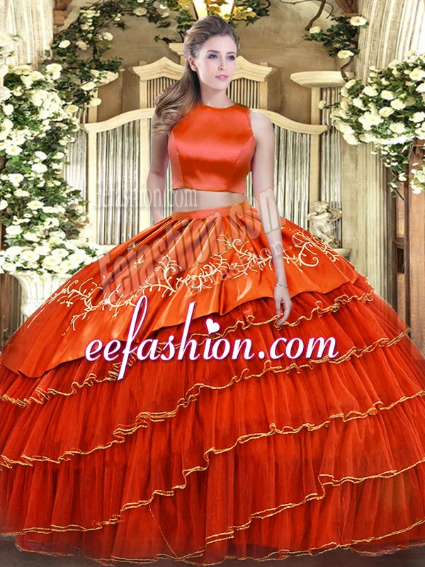 Gorgeous Floor Length Two Pieces Sleeveless Orange Red Sweet 16 Dress Criss Cross