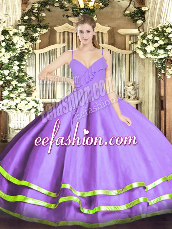  Lavender Ball Gowns Ruffled Layers 15 Quinceanera Dress Zipper Organza Sleeveless Floor Length