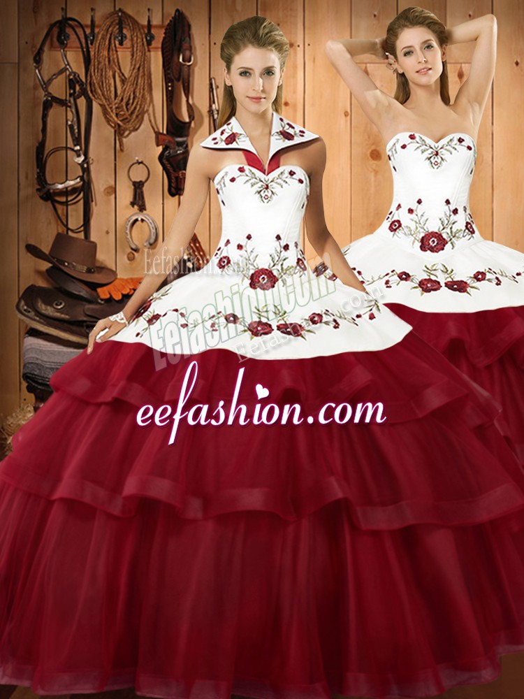 Colorful Halter Top Sleeveless 15 Quinceanera Dress Sweep Train Embroidery and Ruffled Layers Wine Red Organza