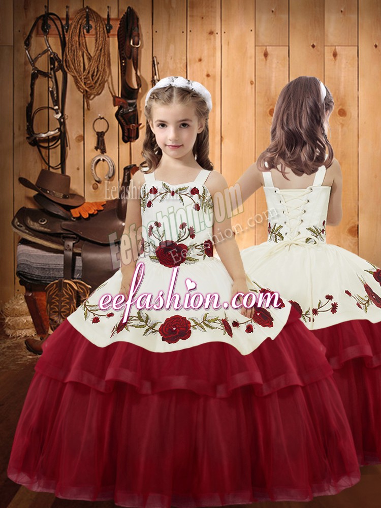 Stylish Organza Straps Sleeveless Lace Up Embroidery and Ruffled Layers Pageant Gowns For Girls in Wine Red