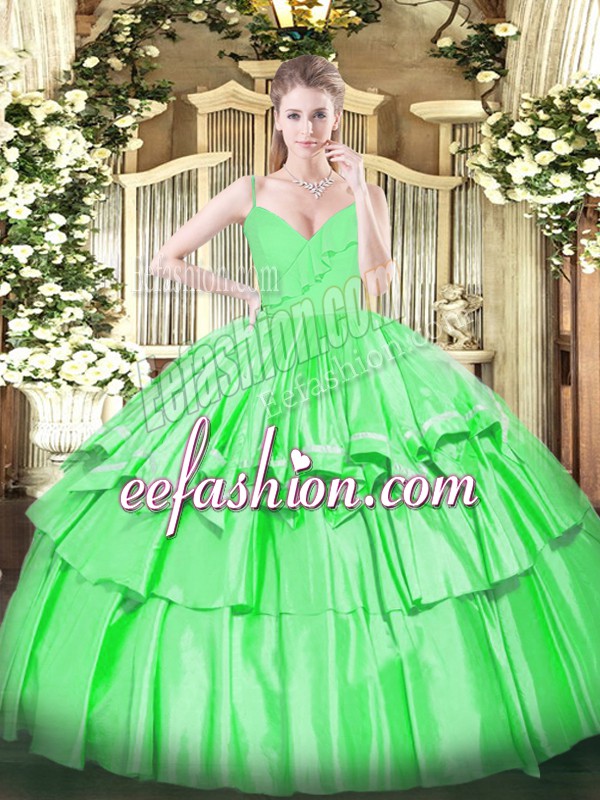 Exquisite Green Ball Gowns Taffeta Spaghetti Straps Sleeveless Ruffled Layers Floor Length Zipper Sweet 16 Quinceanera Dress
