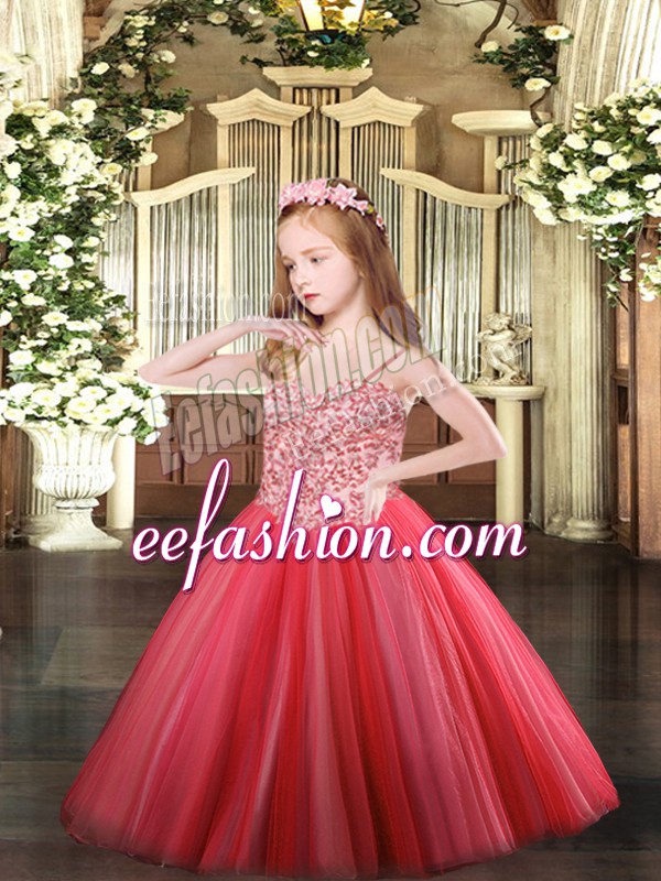 Sleeveless Lace Up Floor Length Appliques Child Pageant Dress