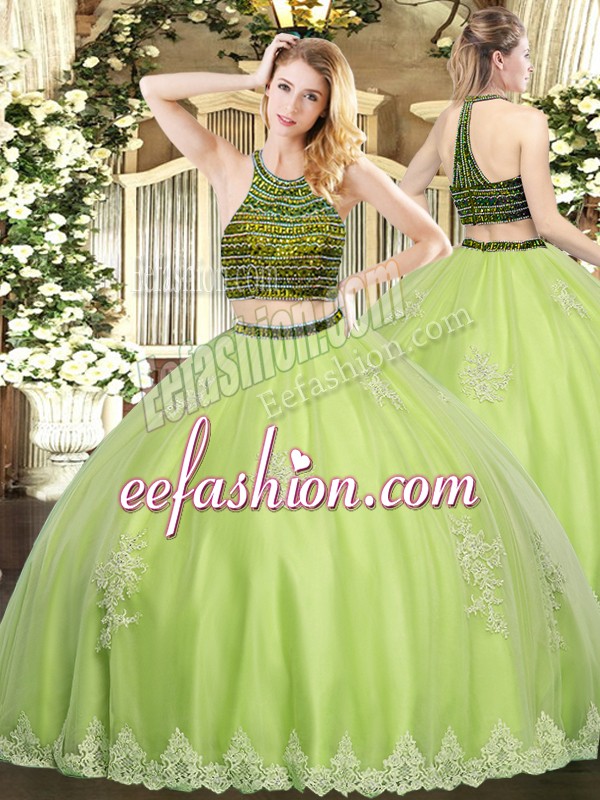  Ball Gowns Sweet 16 Dresses Yellow Green Halter Top Tulle Sleeveless Floor Length Zipper
