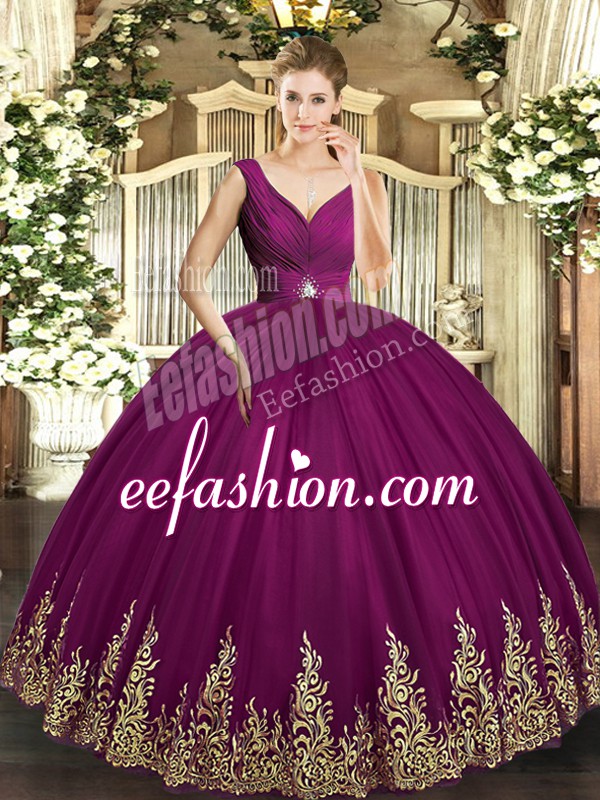  Fuchsia Sleeveless Floor Length Beading and Appliques and Ruching Backless Sweet 16 Dresses