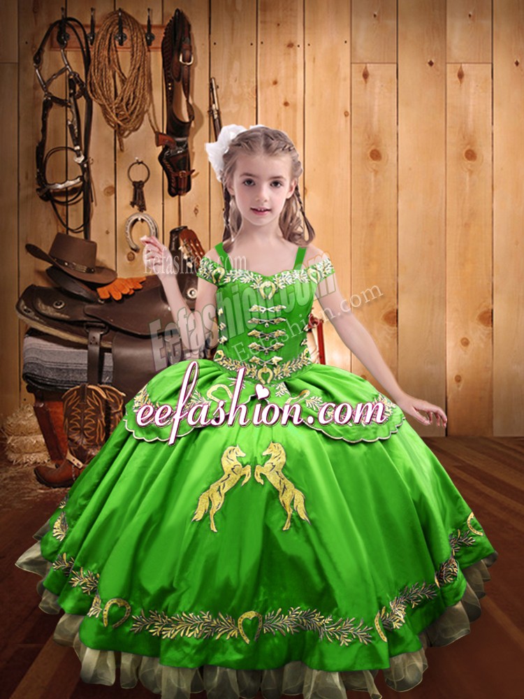  Sleeveless Satin Floor Length Lace Up Pageant Dress Toddler in with Beading and Embroidery