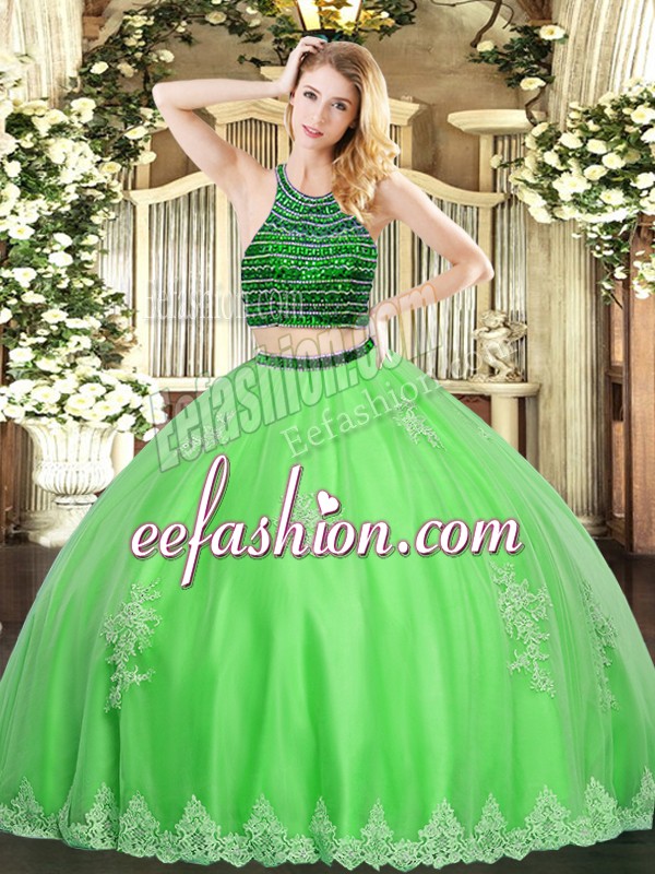  Green Zipper Halter Top Beading and Appliques Sweet 16 Dress Tulle Sleeveless