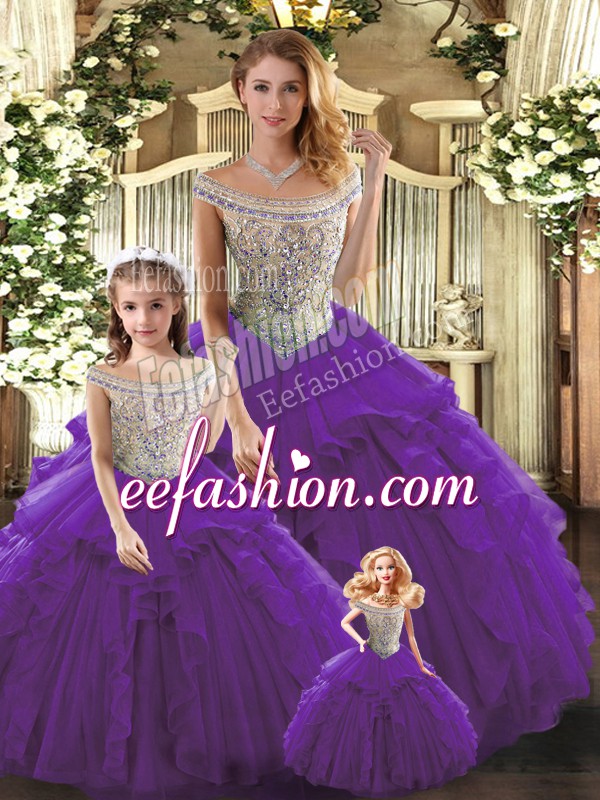  Bateau Sleeveless Lace Up Ball Gown Prom Dress Purple Tulle