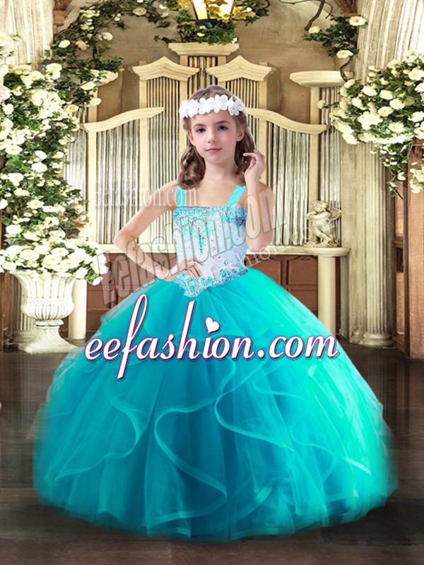  Tulle Sleeveless Floor Length Kids Pageant Dress and Beading and Ruffles