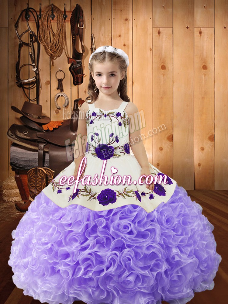 Custom Designed Lavender Kids Pageant Dress Sweet 16 and Quinceanera with Embroidery and Ruffles Straps Sleeveless Lace Up