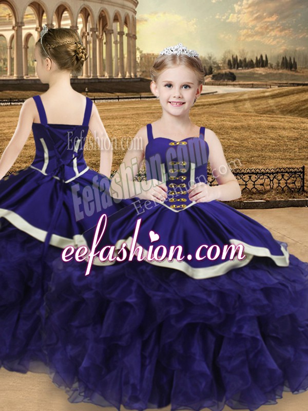  Floor Length Lace Up Little Girls Pageant Dress Purple for Sweet 16 and Quinceanera with Beading and Ruffles