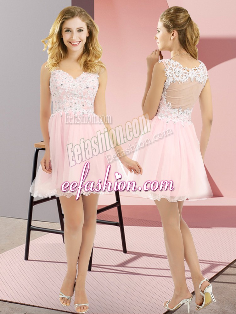 Fashionable Empire Wedding Party Dress Baby Pink V-neck Tulle Sleeveless Mini Length Lace Up