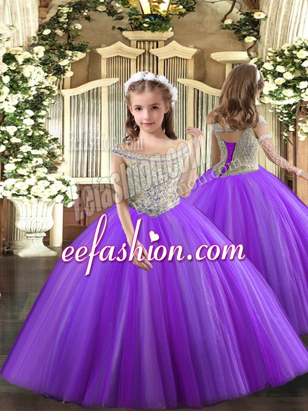Trendy Purple Lace Up Pageant Dress Wholesale Beading Sleeveless Floor Length