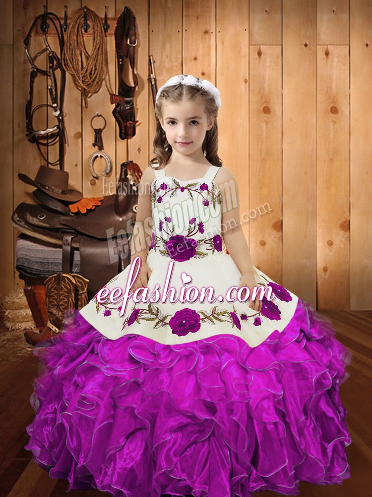  Embroidery and Ruffles and Hand Made Flower Pageant Dress Toddler Fuchsia Lace Up Sleeveless Floor Length