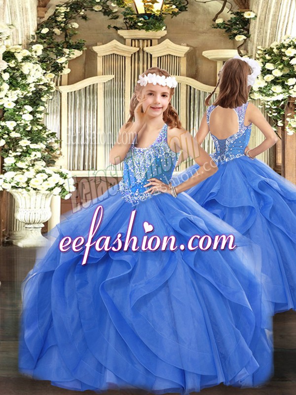 Elegant Blue Little Girls Pageant Dress Wholesale Party and Quinceanera with Beading and Ruffles V-neck Sleeveless Lace Up