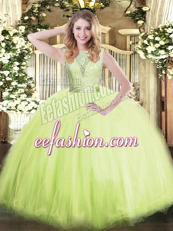 Dazzling Yellow Green Sleeveless Tulle Backless Vestidos de Quinceanera for Military Ball and Sweet 16 and Quinceanera