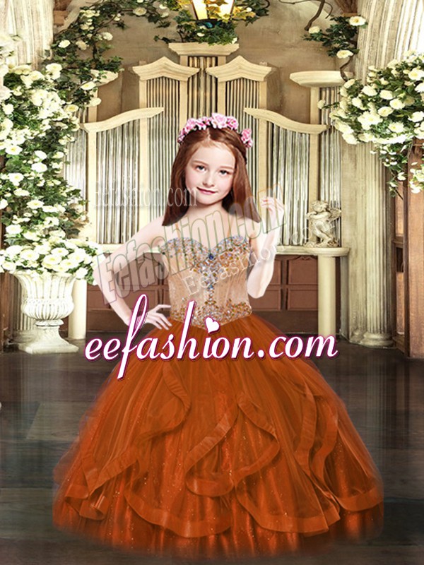 Custom Designed Rust Red Kids Formal Wear Party with Beading and Ruffles Spaghetti Straps Sleeveless Lace Up
