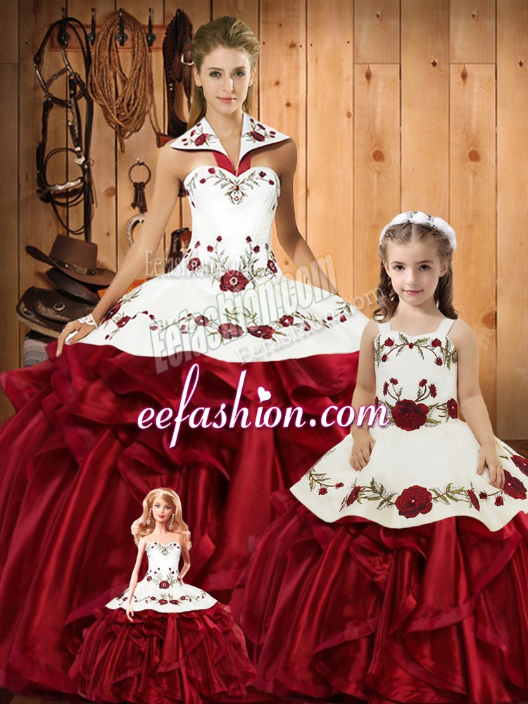 Charming Sleeveless Floor Length Embroidery and Ruffles Lace Up 15 Quinceanera Dress with Wine Red