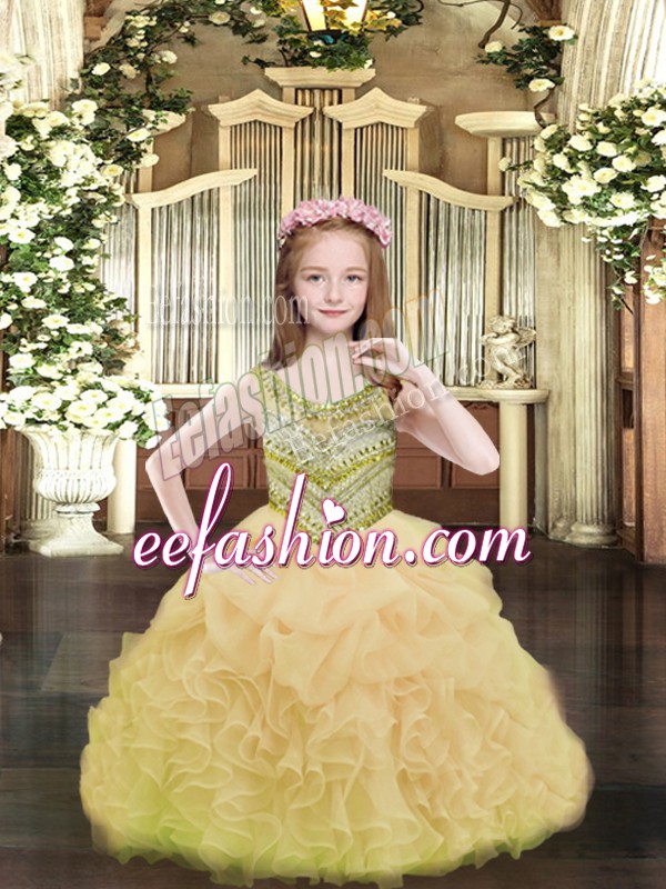 Fashion Floor Length Ball Gowns Sleeveless Gold High School Pageant Dress Lace Up