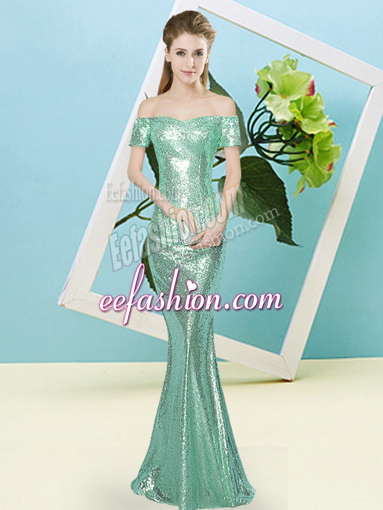  Apple Green Short Sleeves Sequined Zipper Dress for Prom for Prom and Party